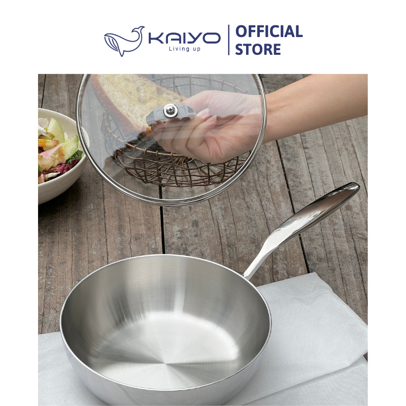 Chảo inox 316 liền khối 5-ply Premium Kaiyo -sâu lòng có vung kính 24cm