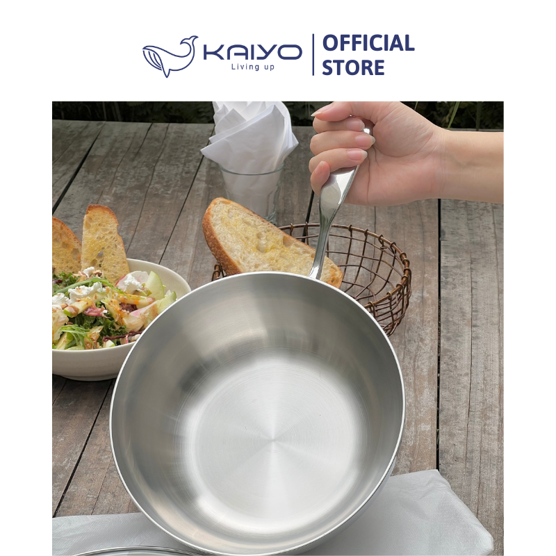 Chảo inox 316 liền khối 5-ply Premium Kaiyo -sâu lòng có vung kính 24cm