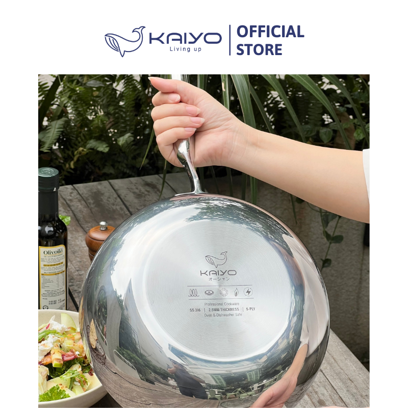 Chảo inox 316 liền khối 5-ply Premium Kaiyo -sâu lòng có vung kính 24cm