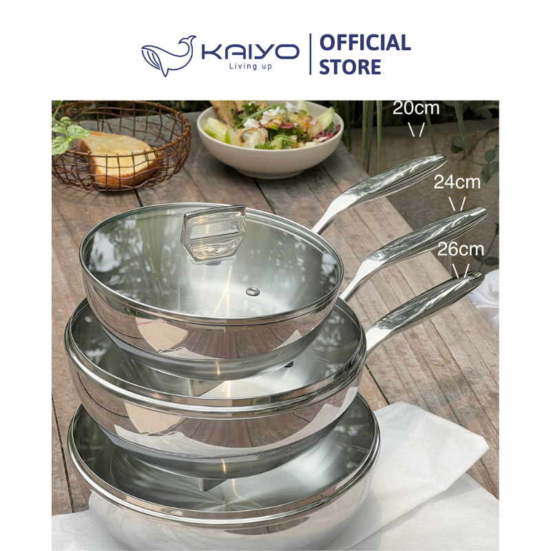 Chảo inox 316 liền khối 5-ply Premium Kaiyo -sâu lòng có vung kính 24cm