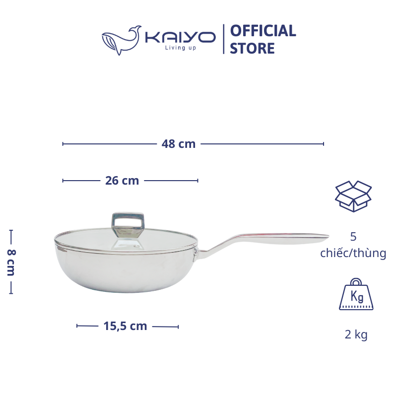 Chảo inox 316 liền khối 5-ply Premium Kaiyo-sâu lòng có vung kính 26cm