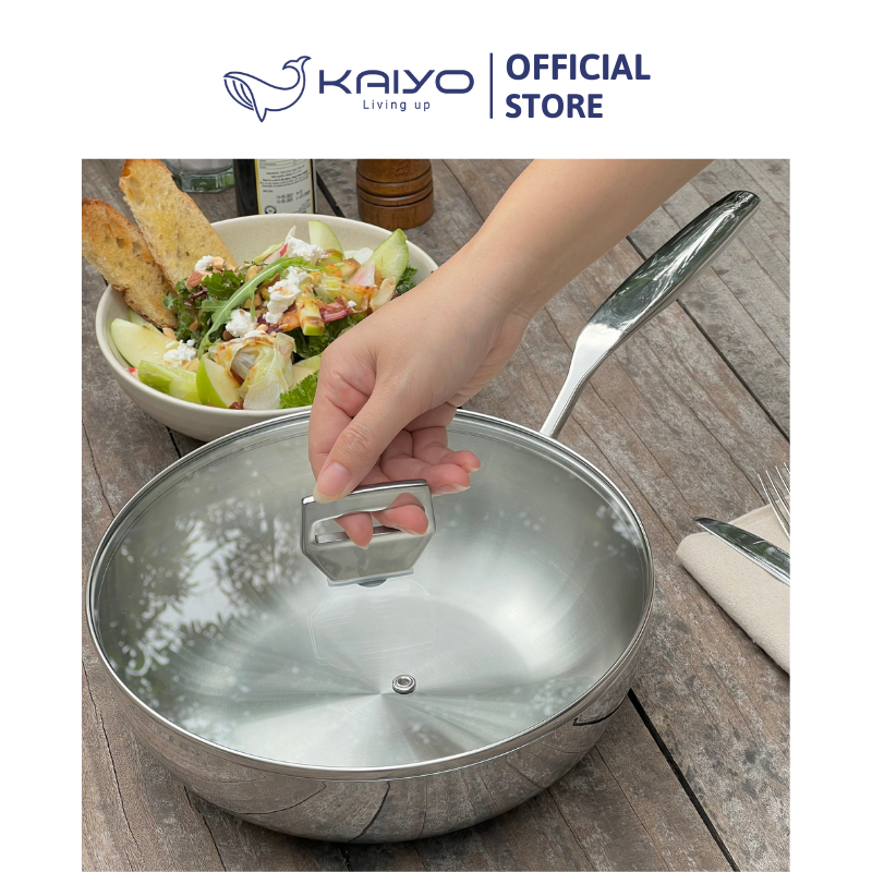 Chảo inox 316 liền khối 5-ply Premium Kaiyo-sâu lòng có vung kính 26cm