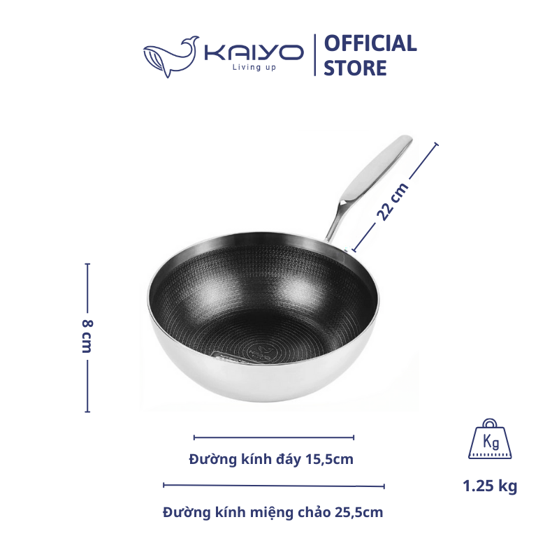 Chảo Inox chống dính hoa văn nổi Tri-Ply đáy liền sâu lòng Kaiyo, size 26cm