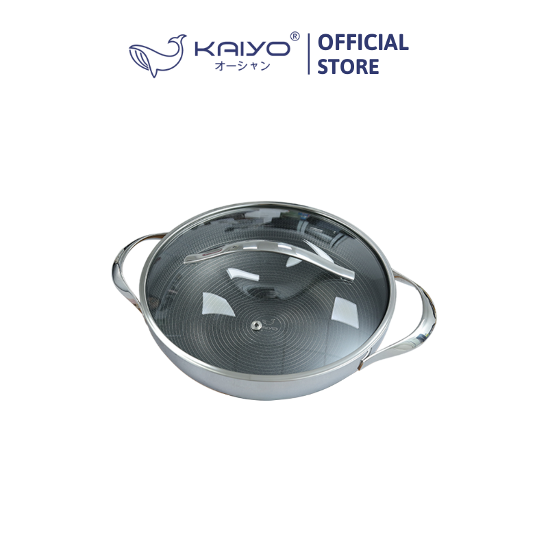 Chảo inox chống dính hoa văn nổi thân đáy liền Kaiyo, sâu lòng, 2 tay cầm, vung kính, size 24cm [KNW-6773]
