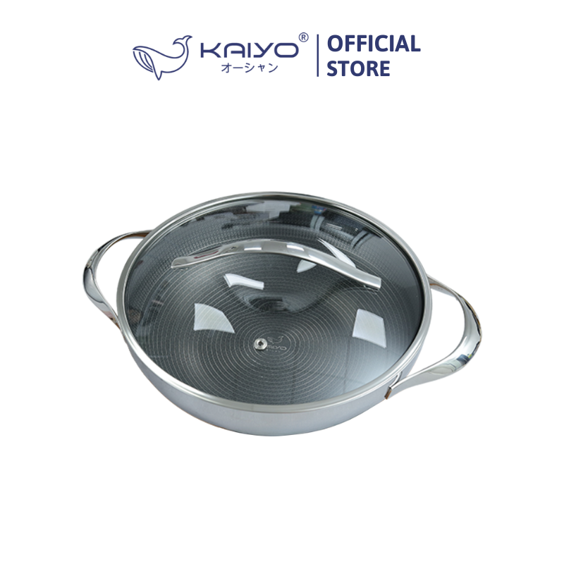 Chảo inox chống dính hoa văn nổi thân đáy liền Kaiyo, sâu lòng, 2 tay cầm, vung kính, size 28cm [KNW-6780]