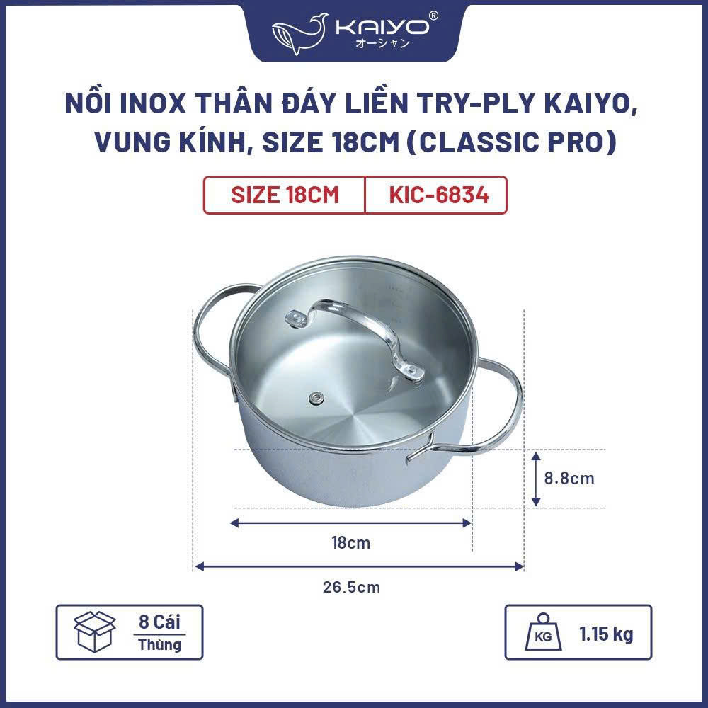 Nồi inox thân đáy liền Try-Ply Kaiyo, vung kính, size 18cm (Classic Pro) [KIC-6834]