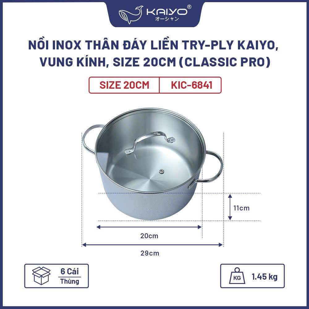 Nồi inox thân đáy liền Try-Ply Kaiyo, vung kính, size 20cm (Classic Pro) [KIC-6841]