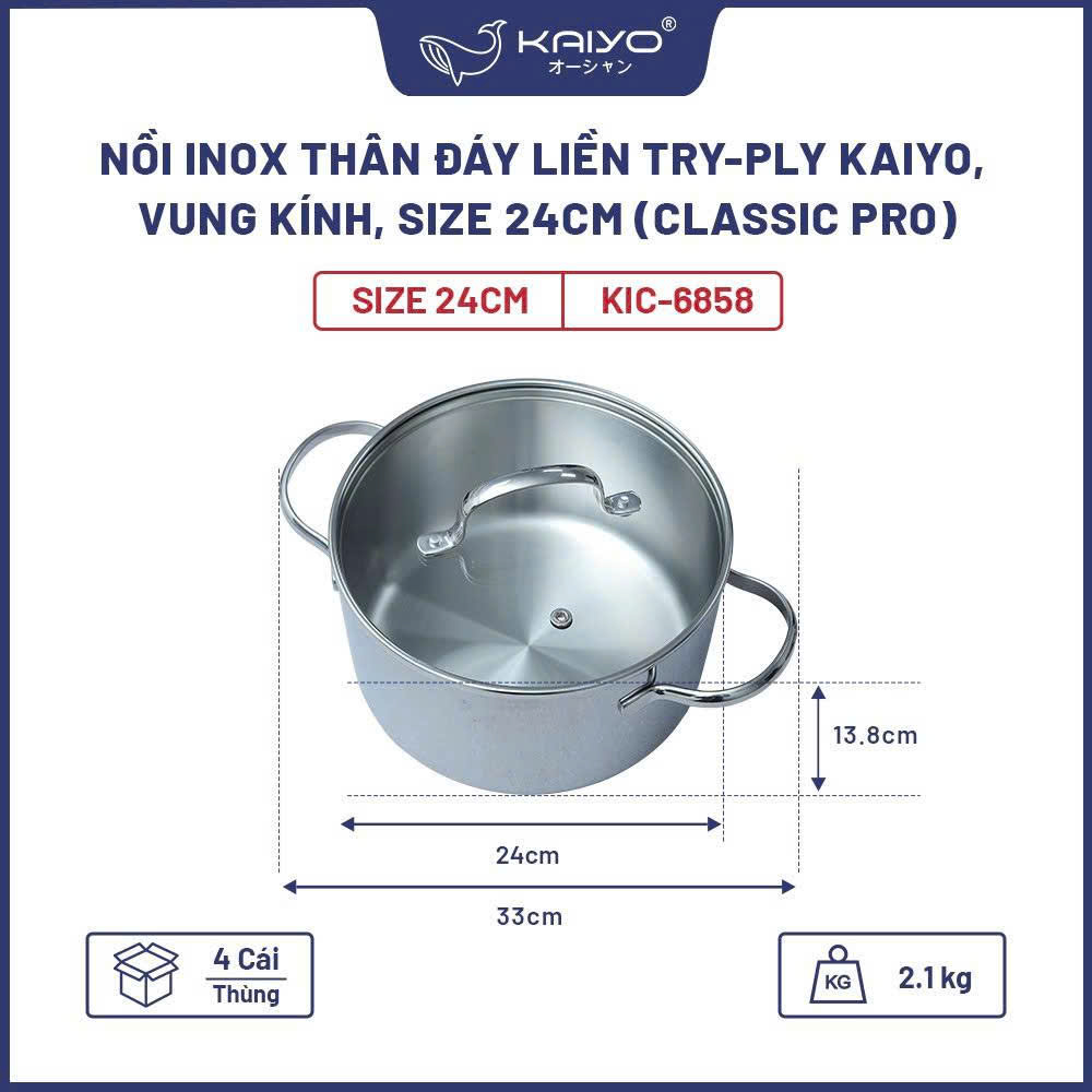 Nồi inox thân đáy liền Try-Ply Kaiyo, vung kính, size 24cm (Classic Pro) [KIC-6858]