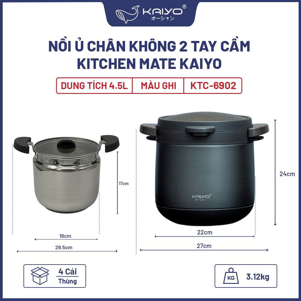 Nồi ủ chân không 2 tay cầm Kitchen Mate Kaiyo, dung tích 4,5L, màu ghi [mã KTC-6902]