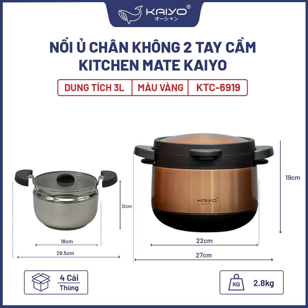 Nồi ủ chân không 2 tay cầm Kitchen Mate Kaiyo, dung tích 3L, màu vàng [mã KTC-6919]