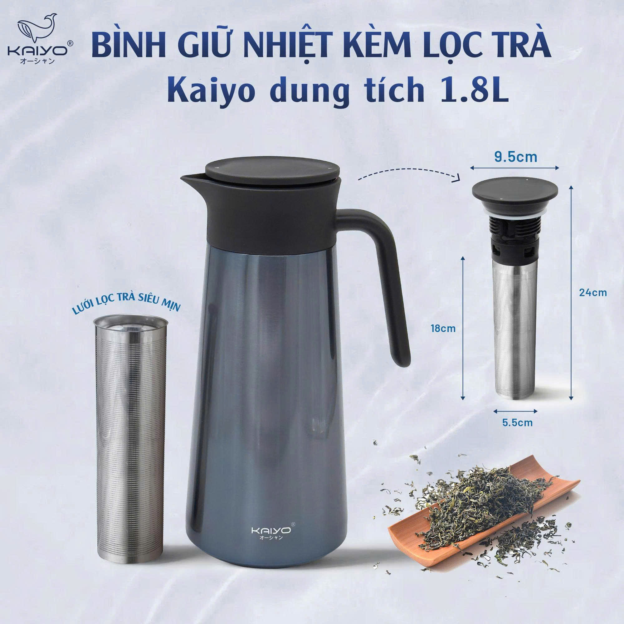 Bình giữ nhiệt kèm lọc trà Kaiyo dung tích 1.8L, màu ghi đá [mã KSV-6797]