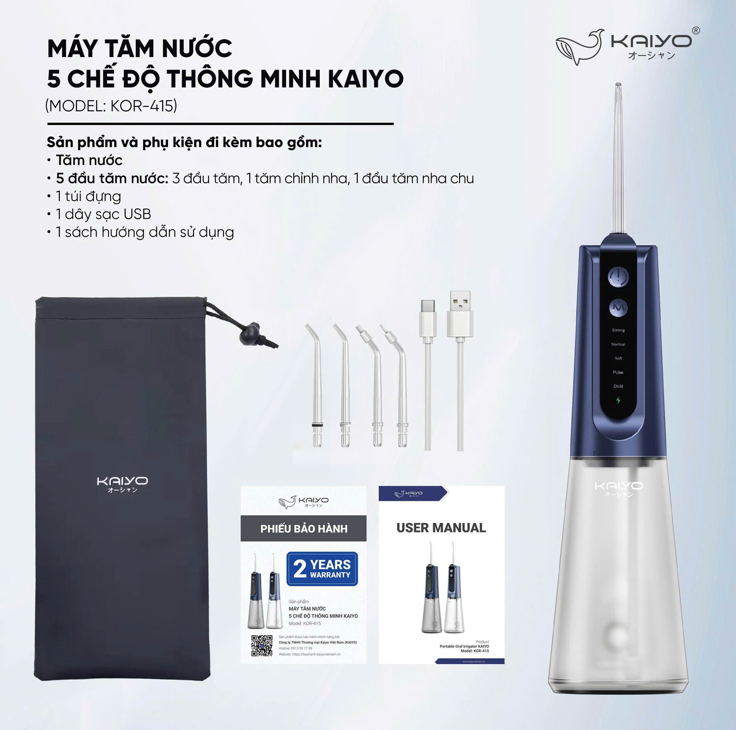 Máy tăm nước 5 chế độ thông minh Kaiyo, màu xanh nay [mã KOR-4151]