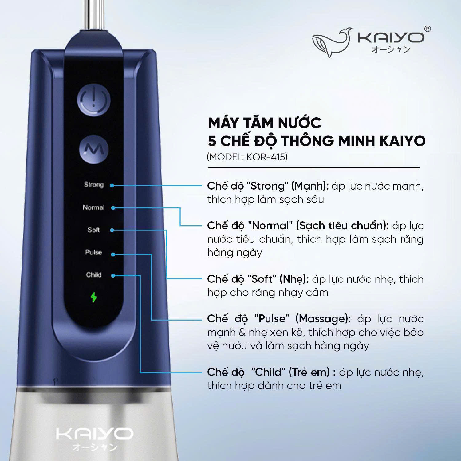 Máy tăm nước 5 chế độ thông minh Kaiyo, màu xanh nay [mã KOR-4151]