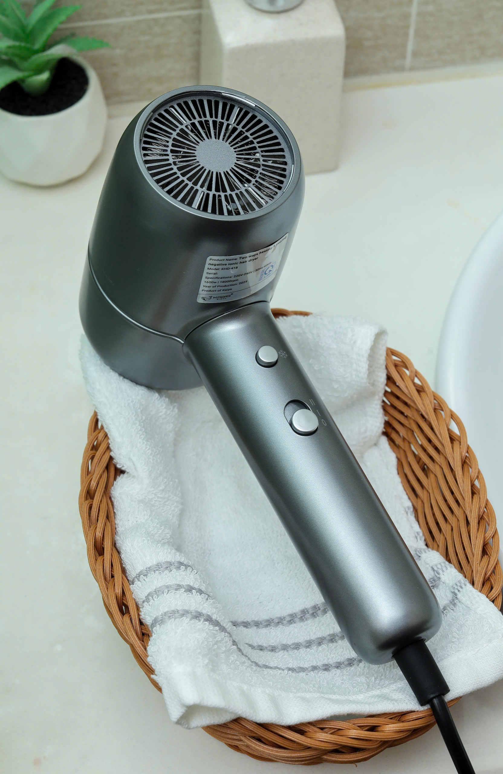 Máy sấy tóc ion âm hai chiều nóng lạnh Kaiyo, model KHD-418, màu ghi đậm [mã KHD-4205]