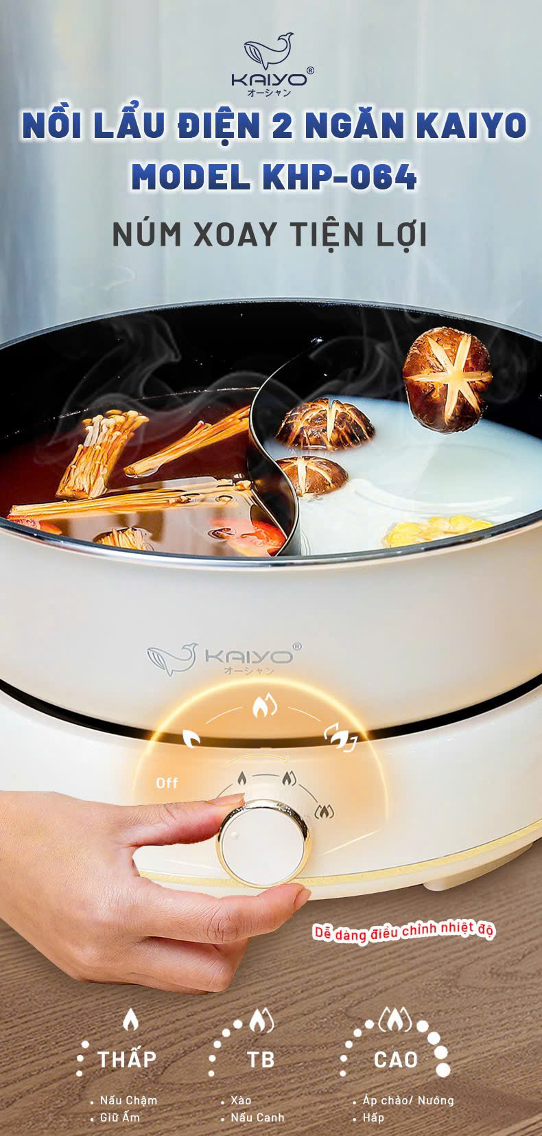Nồi lẩu điện 2 ngăn Kaiyo, model KHP-064