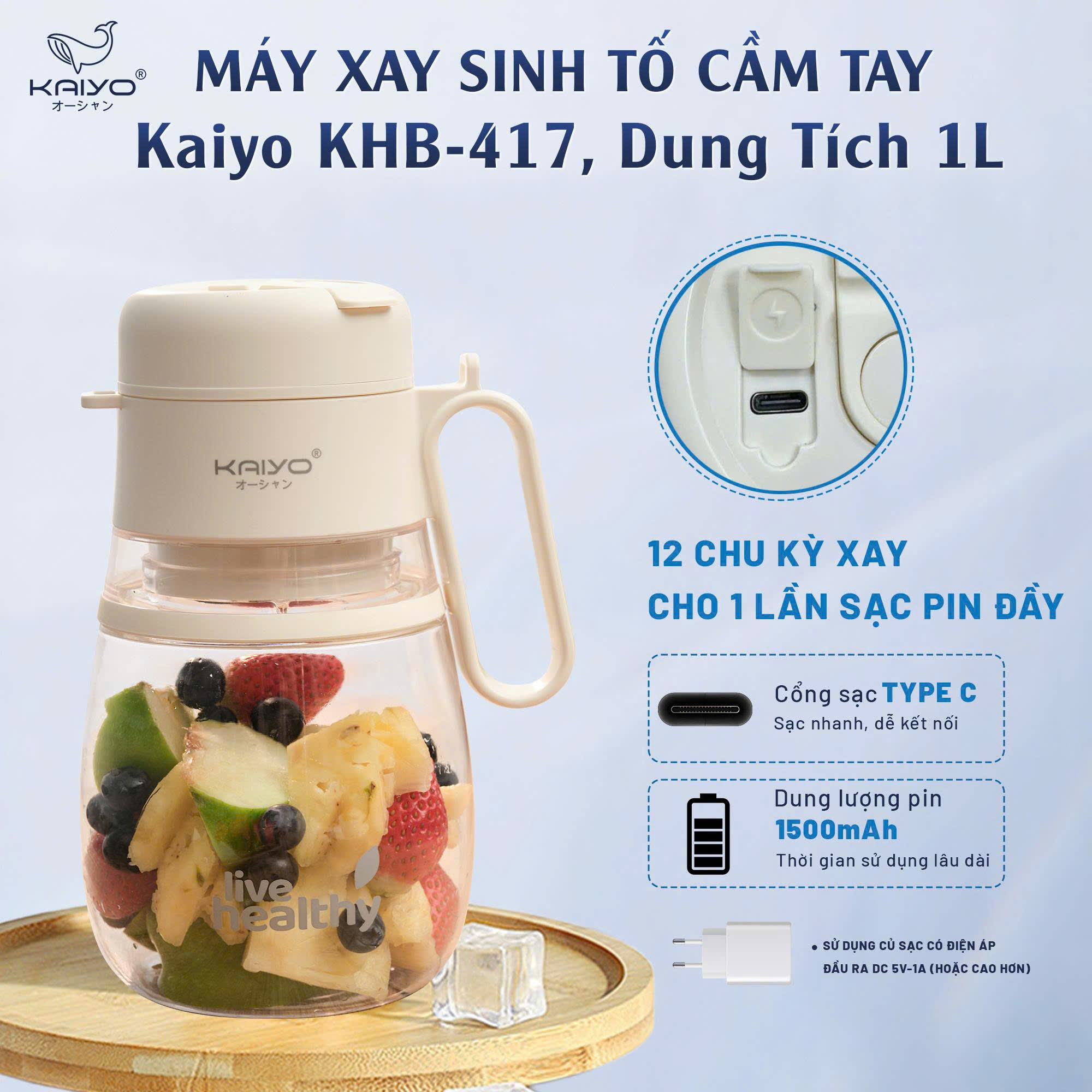 Máy xay sinh tố cầm tay Kaiyo KHB-417, dung tích 1L