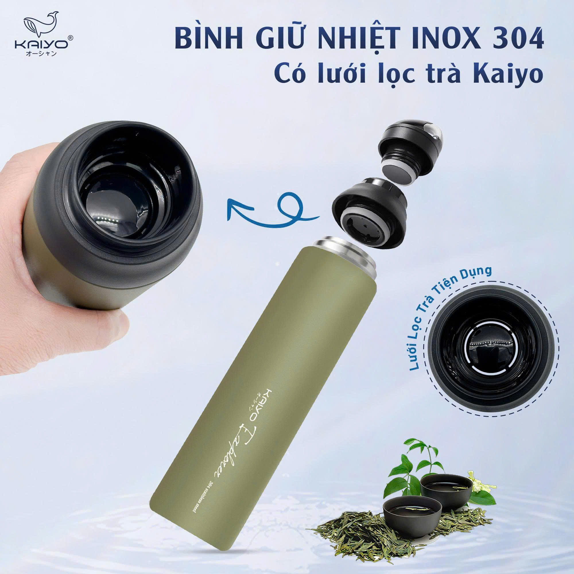 Bình giữ nhiệt inox 304 có lưới lọc trà Kaiyo, dung tích 800ml, màu Silver [mã KVB-6827]
