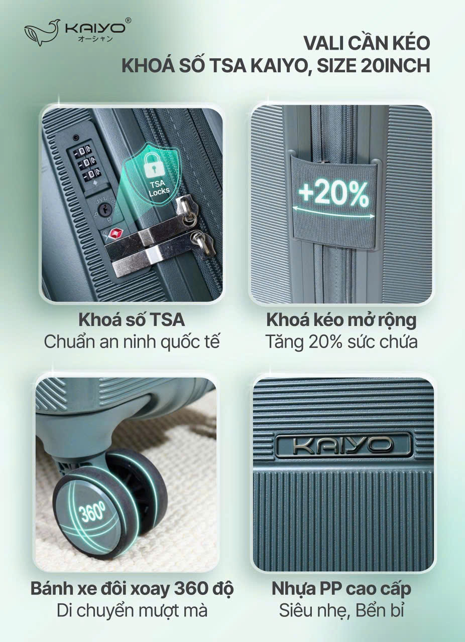 Vali cần kéo khoá số TSA Kaiyo 20inch, màu xanh [mã KCT-9385]