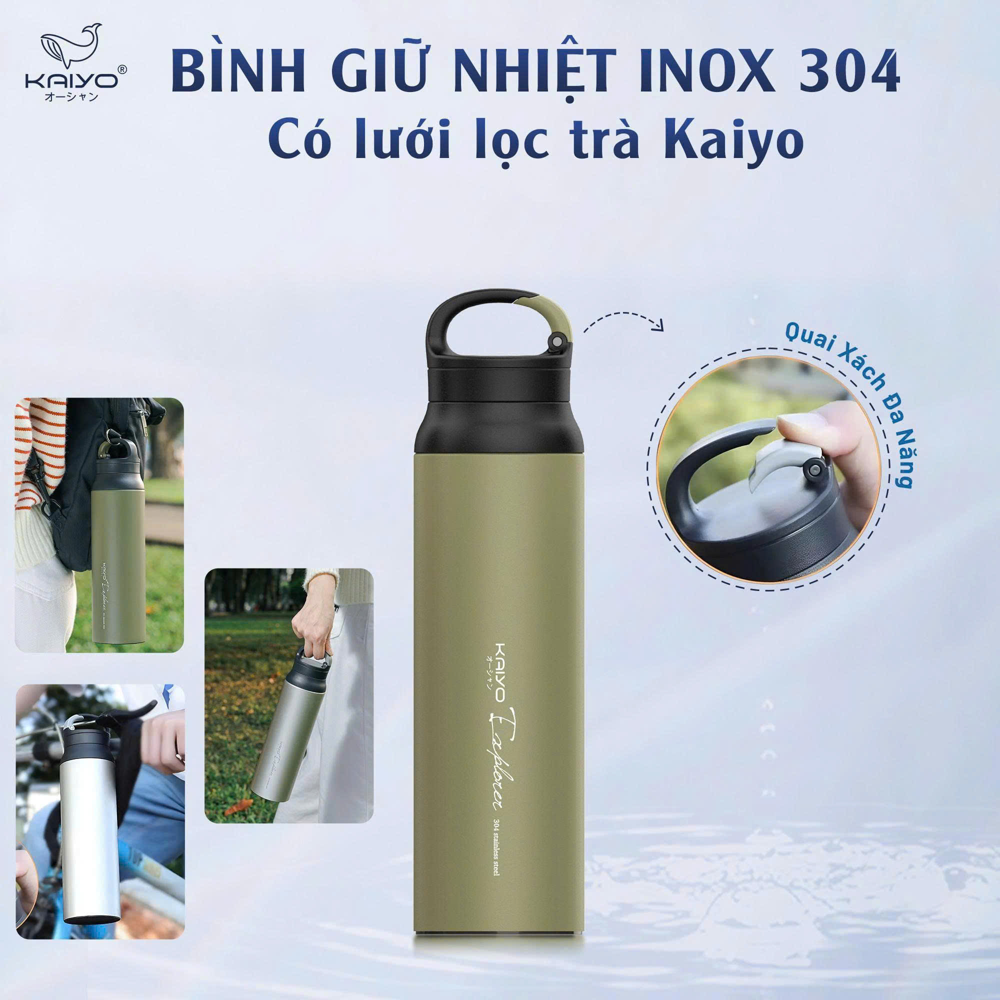 Bình giữ nhiệt inox 304 có lưới lọc trà Kaiyo, dung tích 800ml, màu Silver [mã KVB-6827]