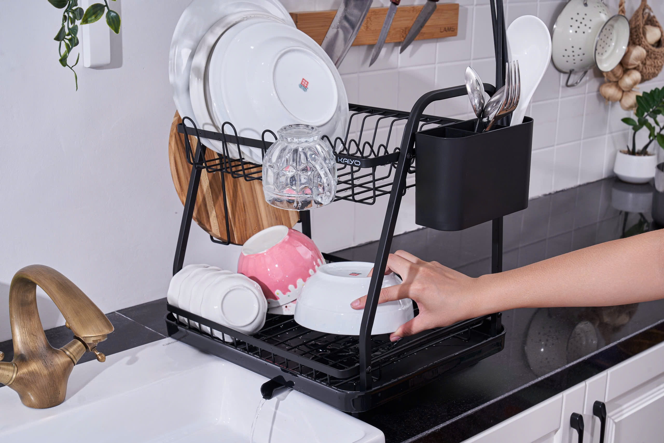 Giá úp bát 2 tầng có khay hứng, thoát nước Kaiyo