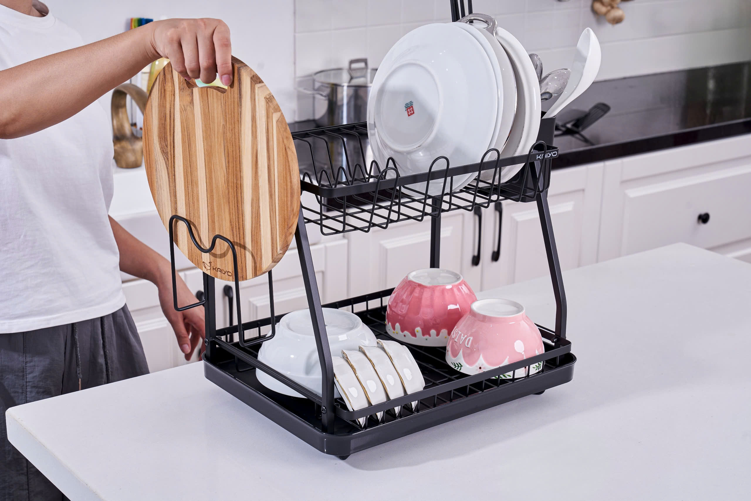 Giá úp bát 2 tầng có khay hứng, thoát nước Kaiyo