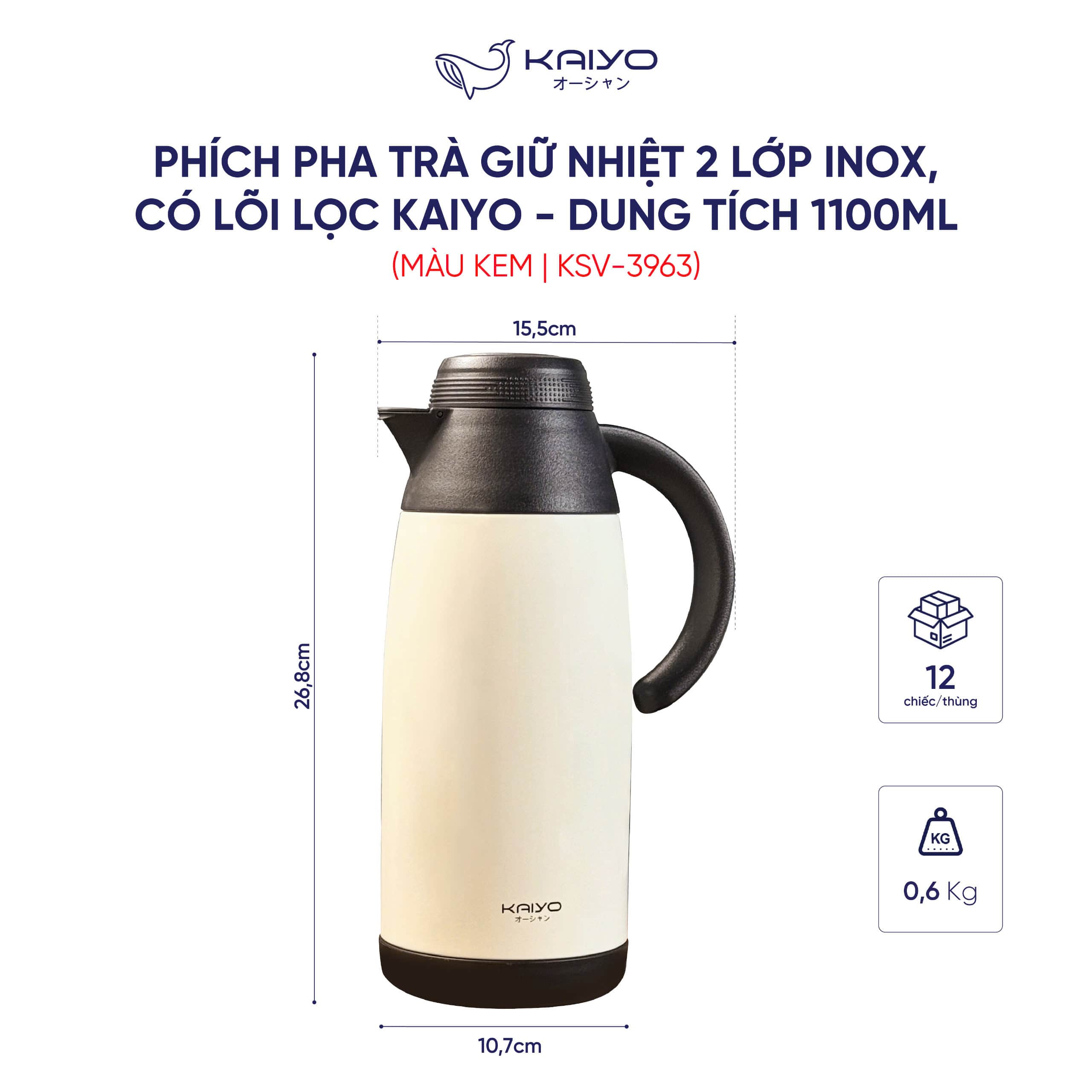 Phích pha trà giữ nhiệt 2 lớp inox có lõi lọc Kaiyo