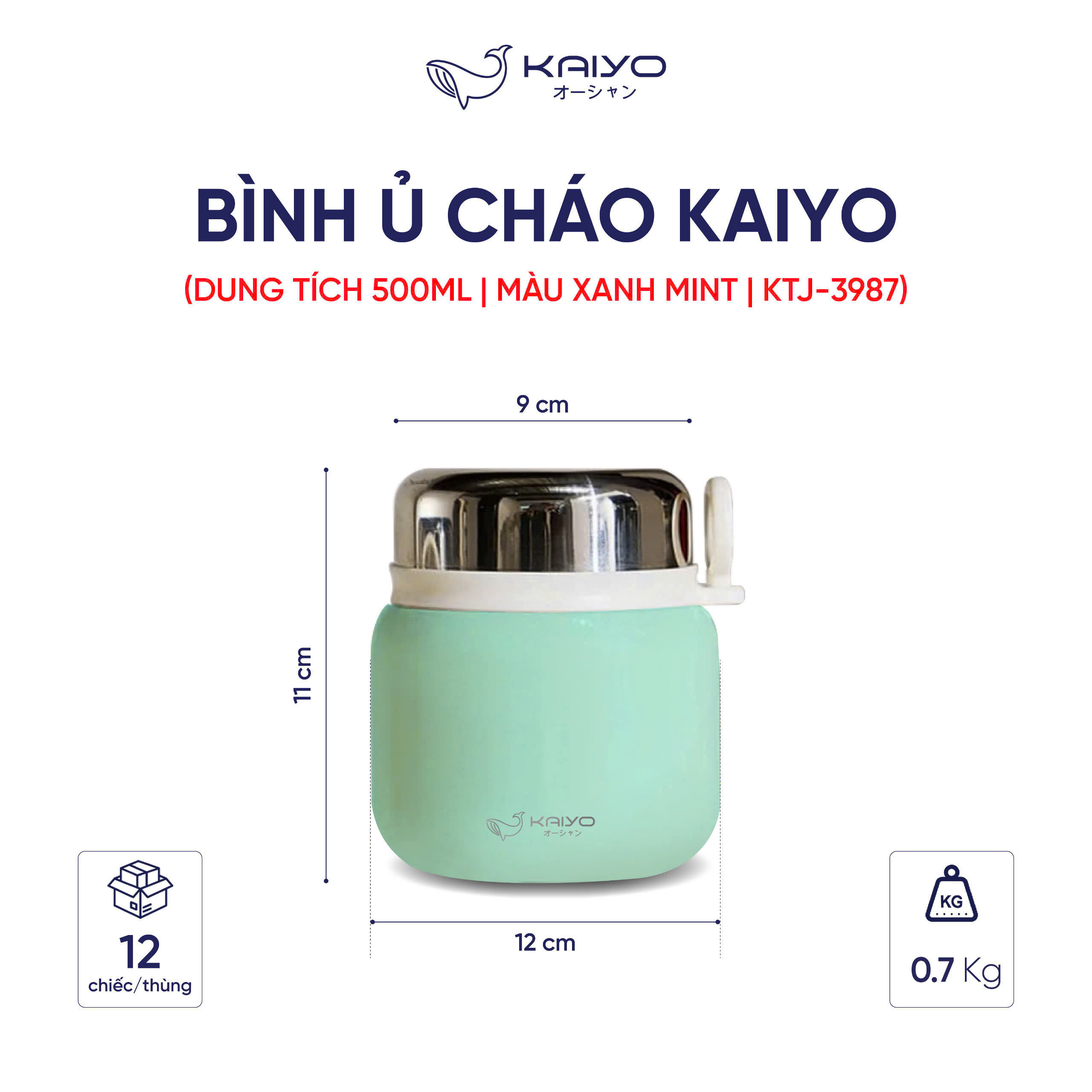 Bình ủ cháo Kaiyo, dung tích 500ml, màu xanh mint [mã KTJ-3987]