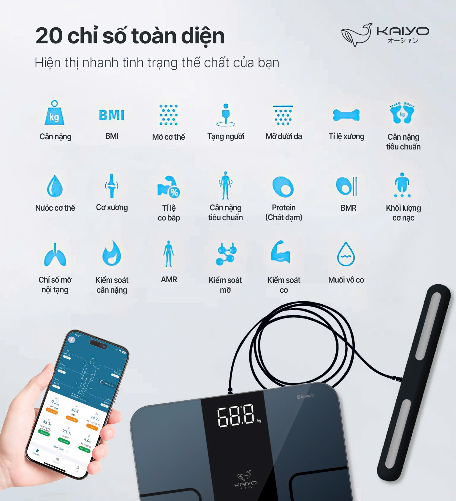 Cân sức khoẻ và phân tích 20 chỉ số cơ thể Kaiyo, màu trắng