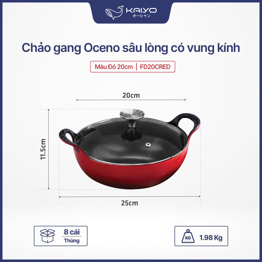 Chảo gang Oceno sâu lòng vung kính 20cm màu đỏ