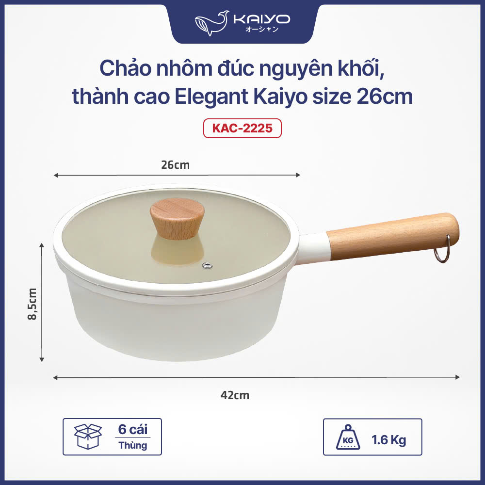 Chảo nhôm đúc nguyên khối, thành cao Elegant Kaiyo, size 26cm