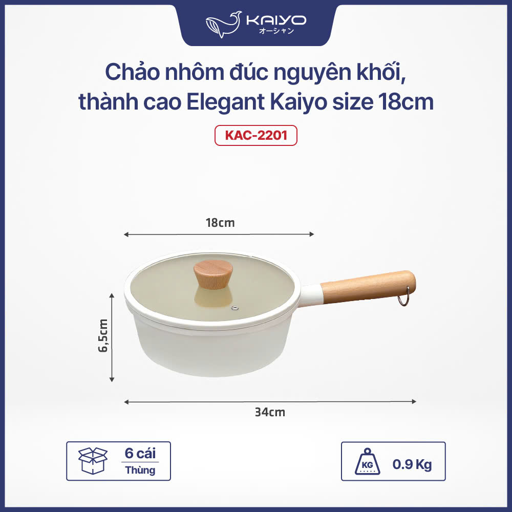 Chảo nhôm đúc nguyên khối, thành cao Elegant Kaiyo, size 18cm