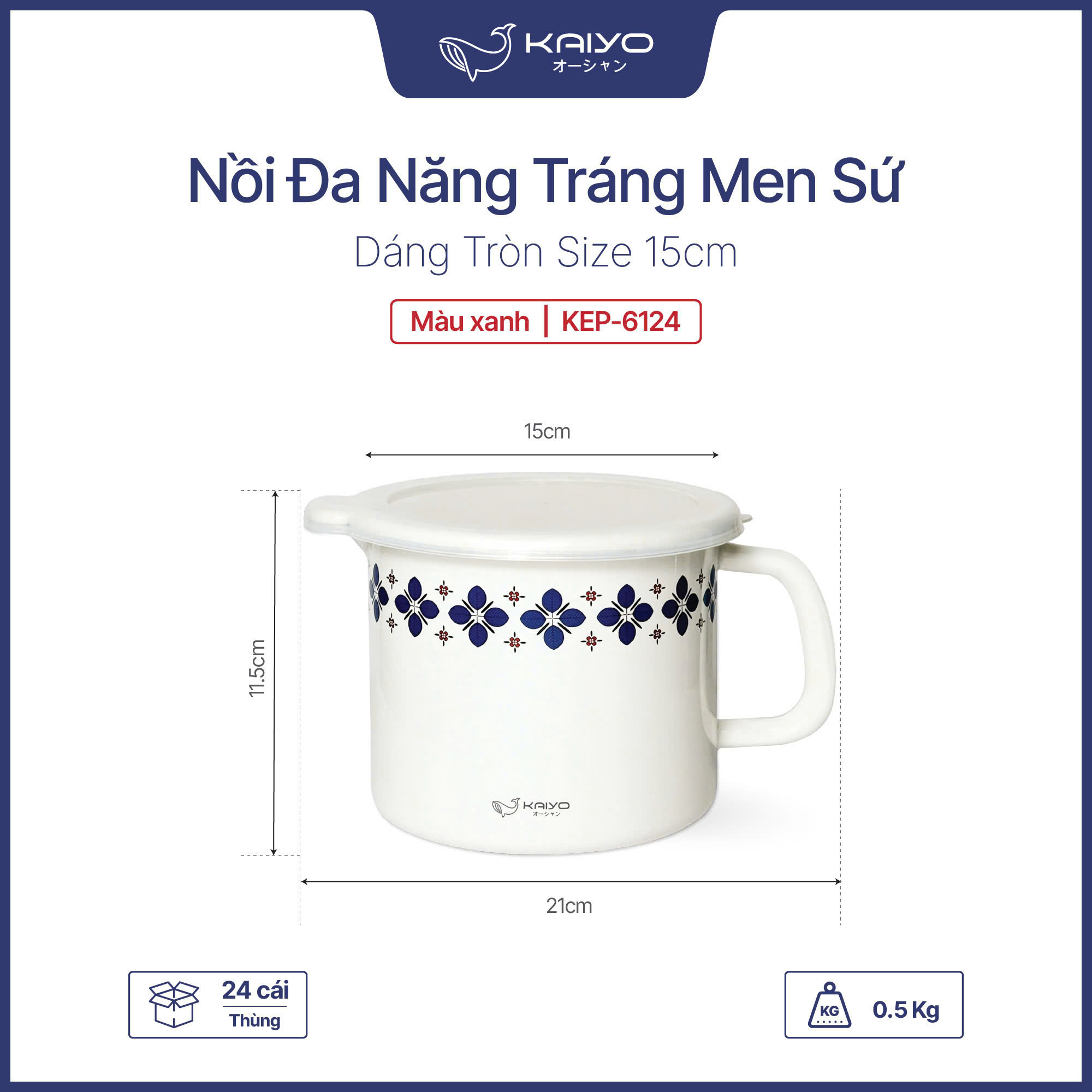 Nồi đa năng tráng men sứ, dáng tròn size 15cm, hoa xanh