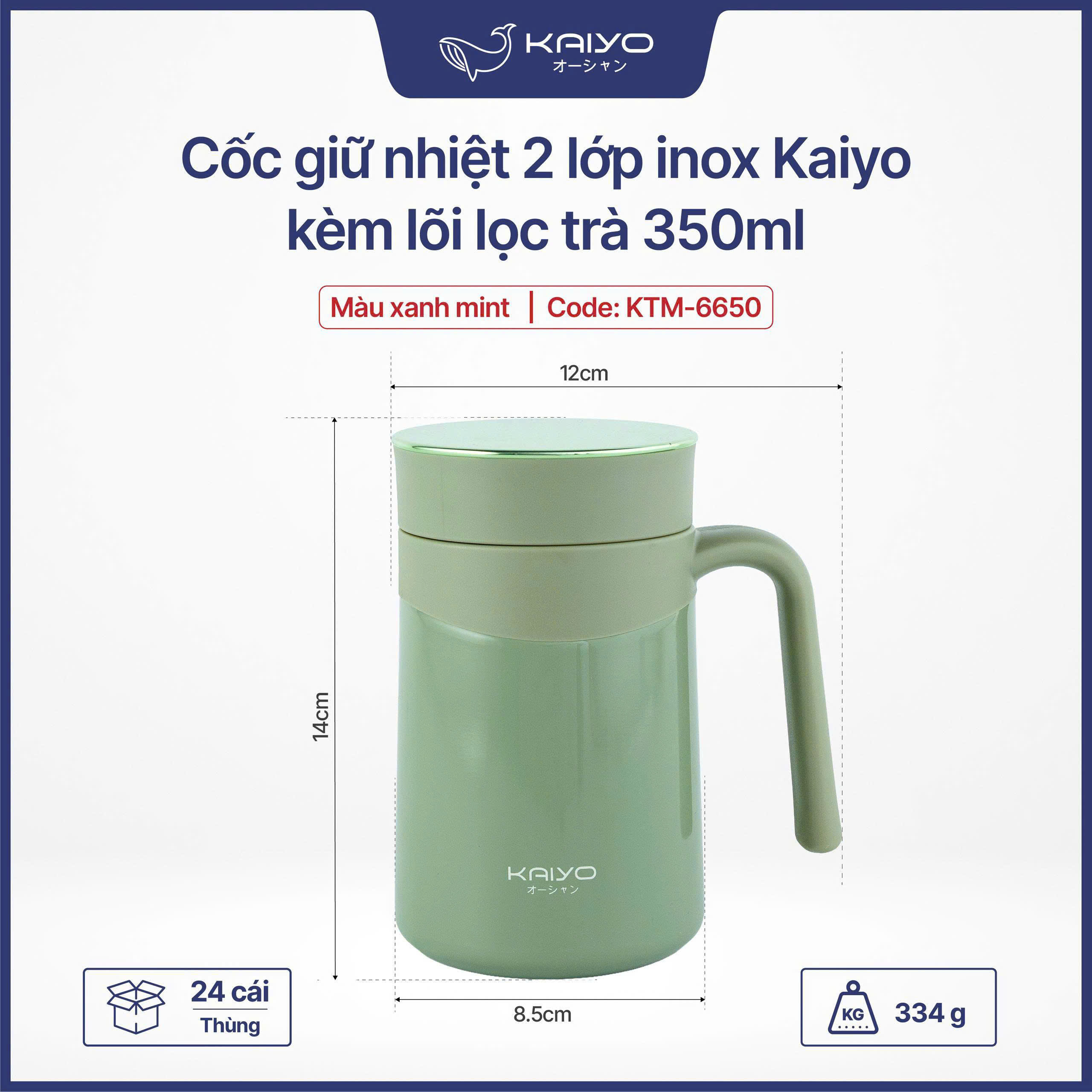 Cốc giữ nhiệt kèm lõi lọc trà Kaiyo, 350ml - Xanh mint
