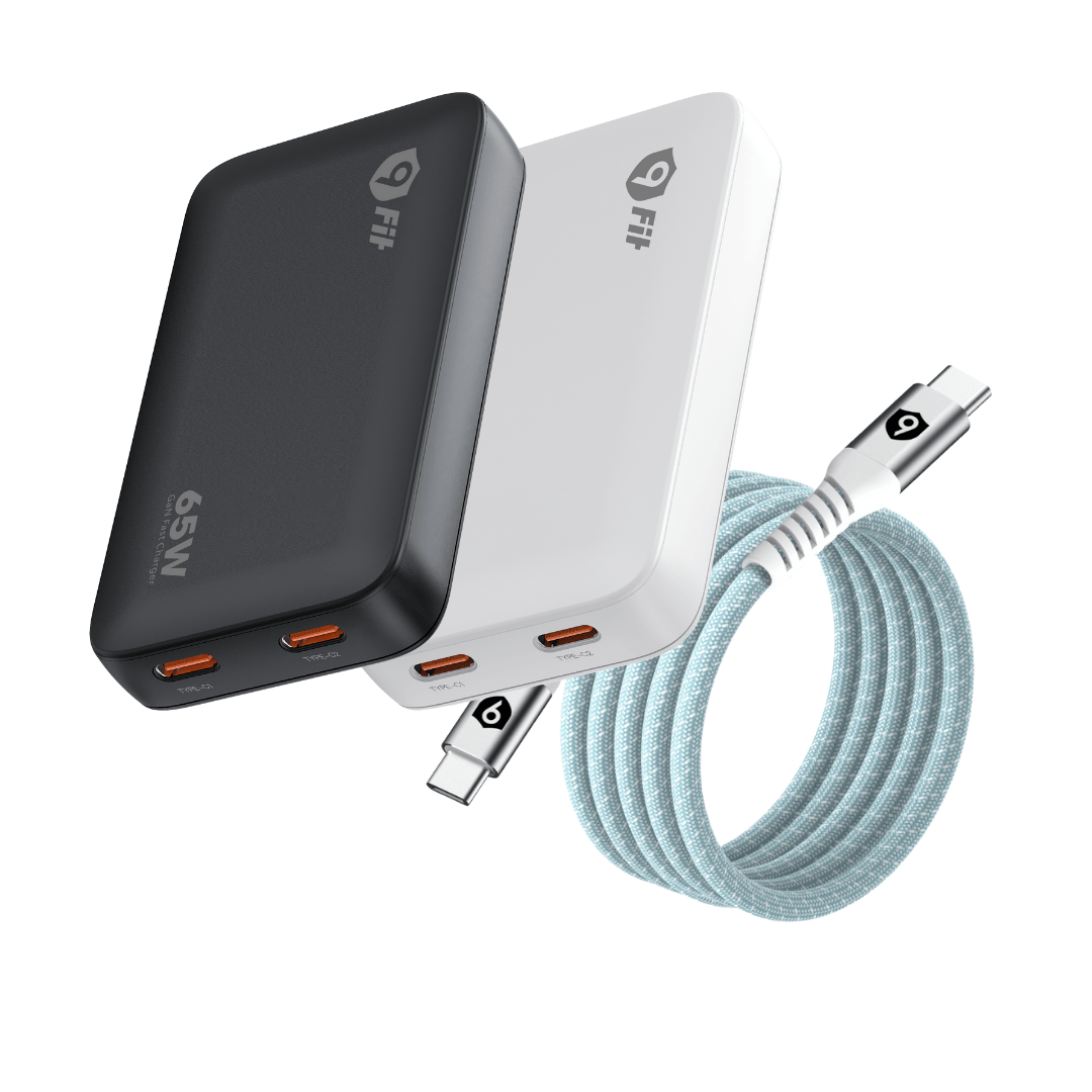 Sạc 9FIT Slim PD 65W 2C GaN Black + Cáp từ tính tự cuộn 9FIT USB-C to USB-C 1M
