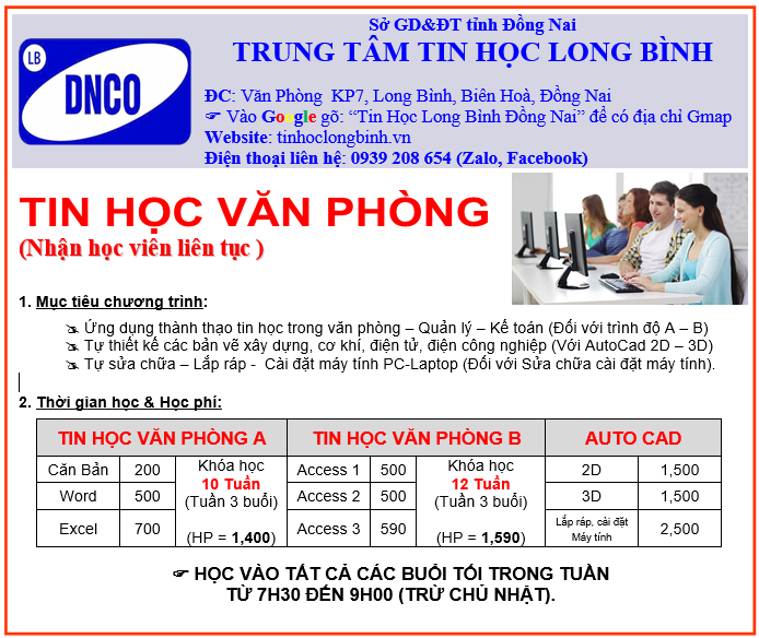 ĐÀO TẠO TIN HỌC VĂN PHÒNG, THIẾT KẾ ĐỒ HOẠ AUTOCAD
