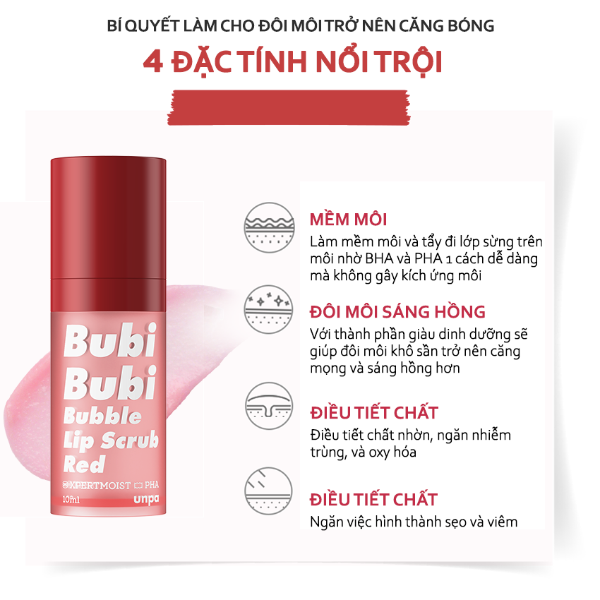 Tẩy Tế Bào Chết Sủi Bọt Cho Môi Unpa Bubi Bubi Bubble Lip Scrub Red 10Ml