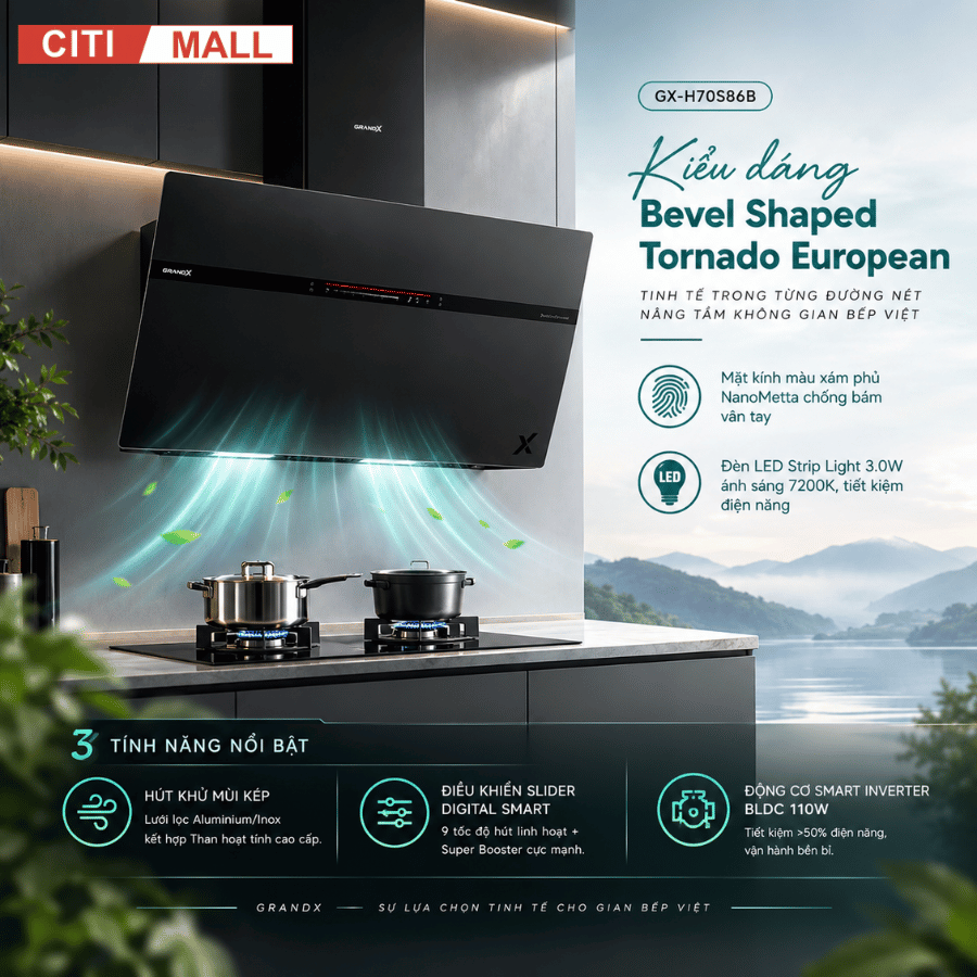 GrandX GX H70S86B - Máy hút mùi áp tường 2026