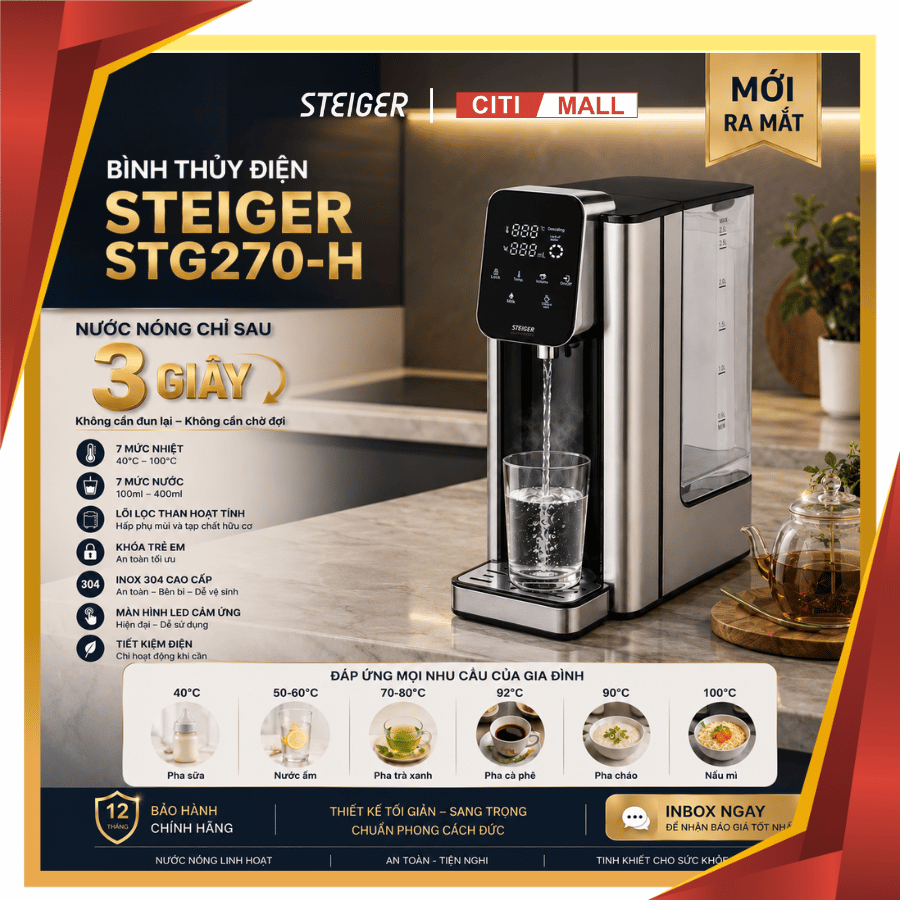 Bình Thủy Điện Steiger STG-270H làm nóng nước có lõi lọc than hoạt tính - Bảo hành chính hãng 12 tháng