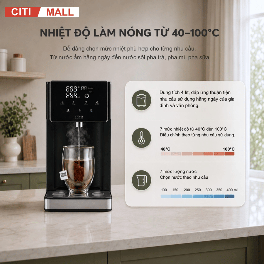 Bình Thủy Điện Steiger STG-400H làm nóng nước có lõi lọc than hoạt tính - Bảo hành chính hãng 12 tháng