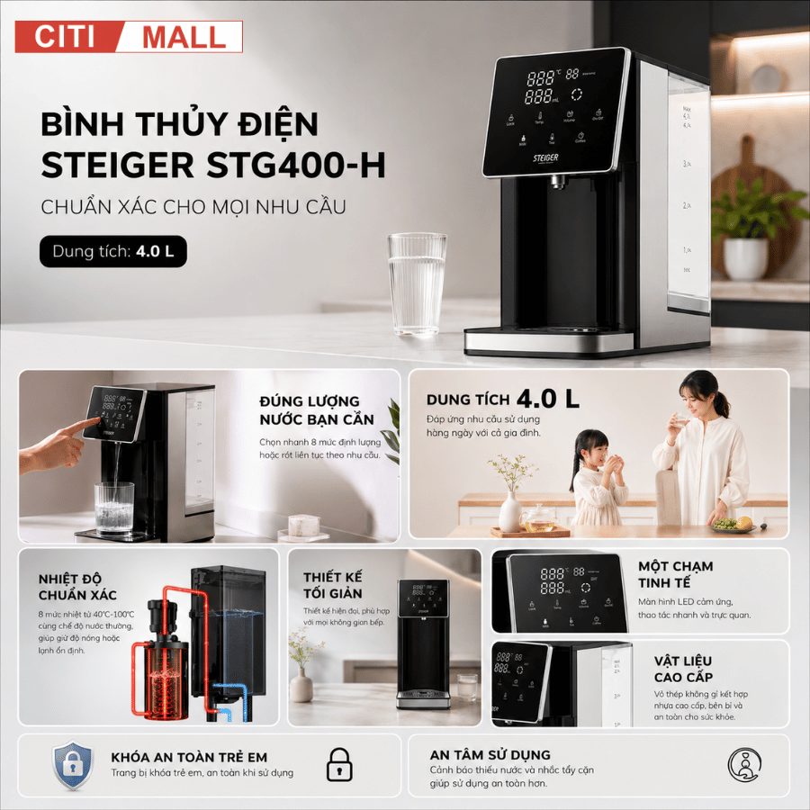 Bình Thủy Điện Steiger STG-400H làm nóng nước có lõi lọc than hoạt tính - Bảo hành chính hãng 12 tháng
