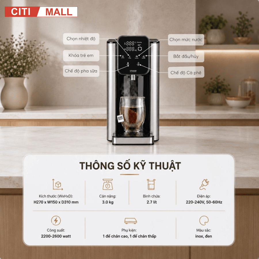 Bình Thủy Điện Steiger STG-270H làm nóng nước có lõi lọc than hoạt tính - Bảo hành chính hãng 12 tháng