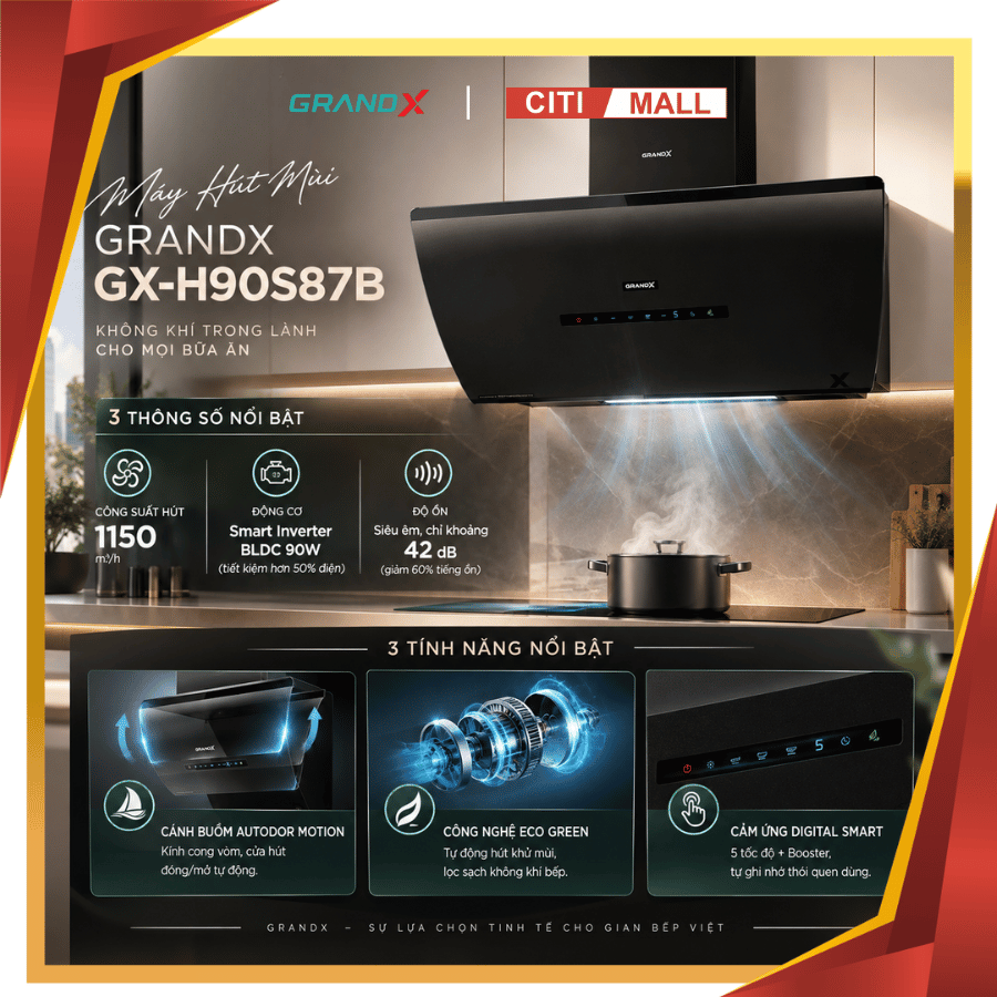 GrandX GX-H90S87B - Máy hút mùi kính vát 2026