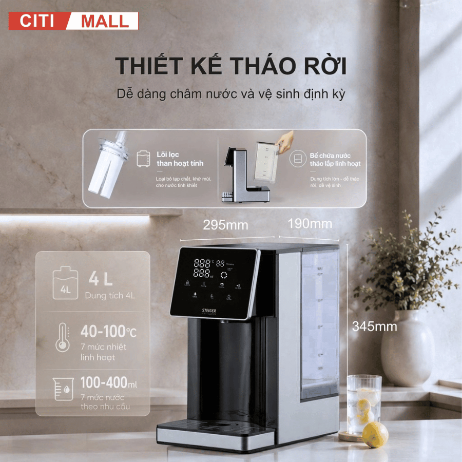 Bình Thủy Điện Steiger STG-400H làm nóng nước có lõi lọc than hoạt tính - Bảo hành chính hãng 12 tháng
