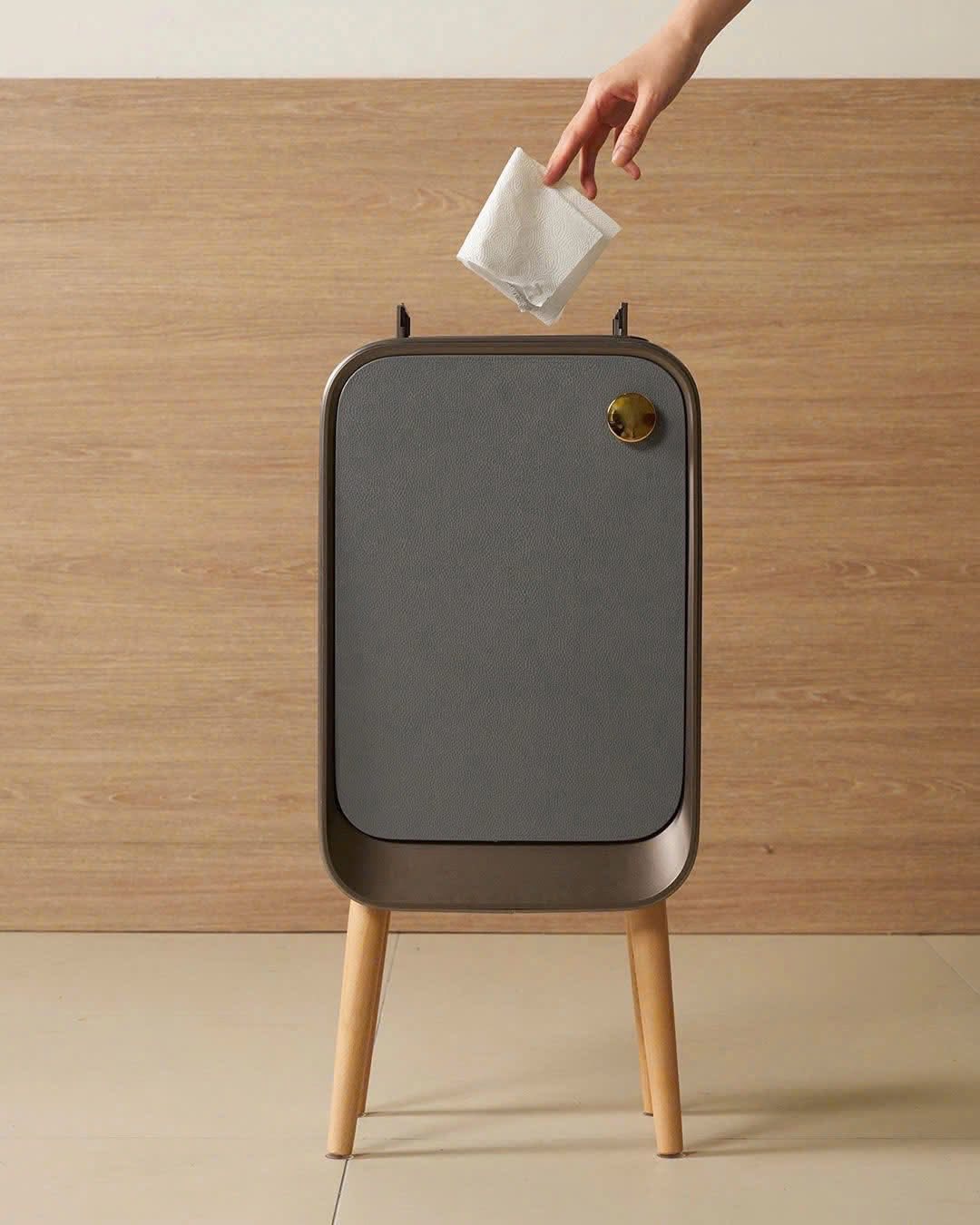 Thùng Rác Cảm Biến Mở 2 Cánh - Chân Gỗ Cao