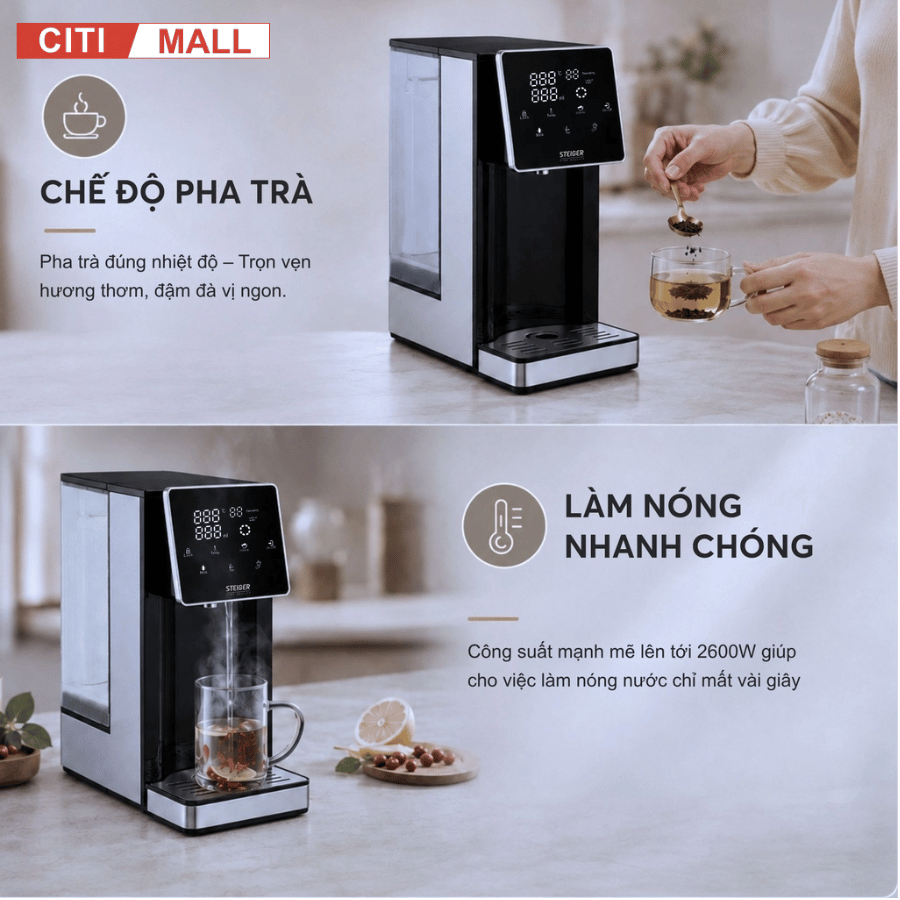 Bình Thủy Điện Steiger STG-400H làm nóng nước có lõi lọc than hoạt tính - Bảo hành chính hãng 12 tháng