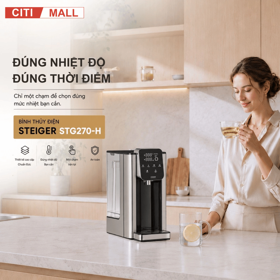 Bình Thủy Điện Steiger STG-270H làm nóng nước có lõi lọc than hoạt tính - Bảo hành chính hãng 12 tháng