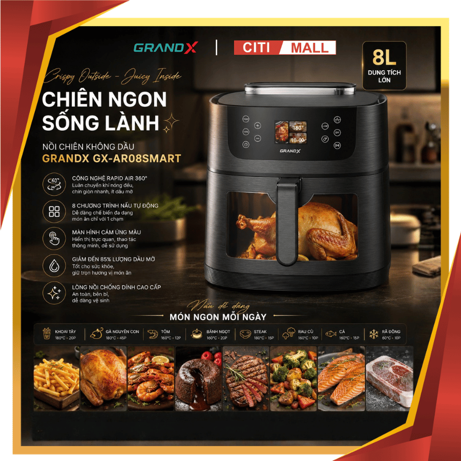 GrandX GX-AR08Smart/GX-AR08Ai - Nồi chiên không dầu 2026