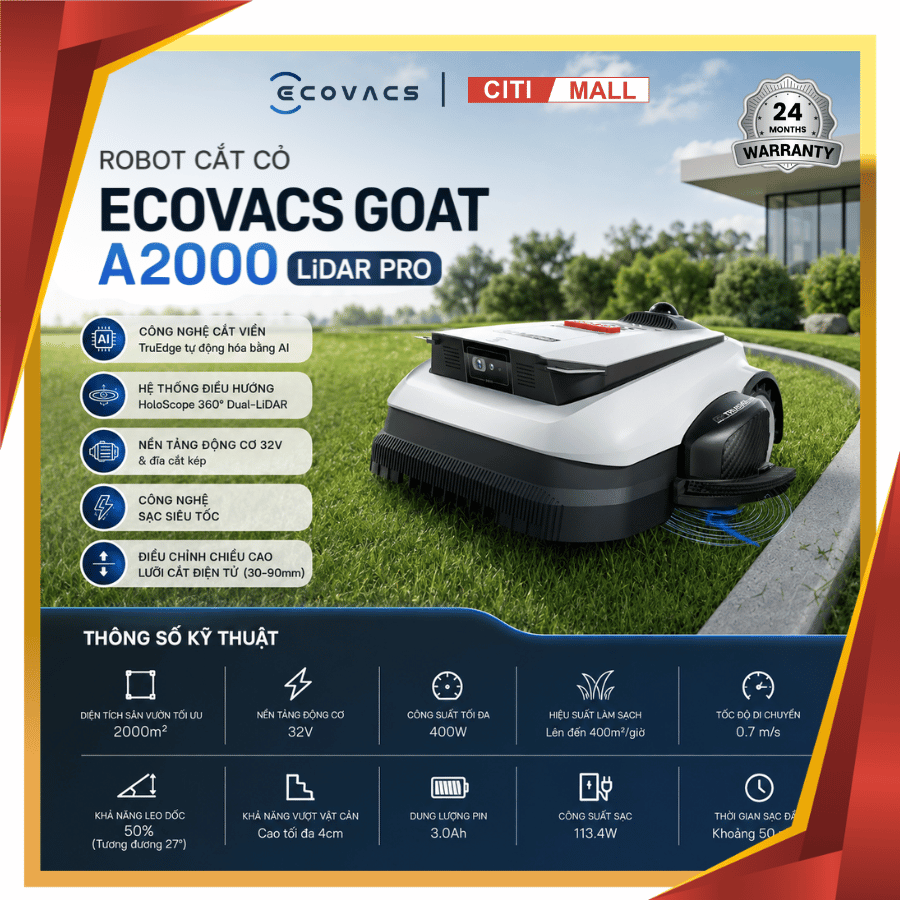 Ecovacs GOAT A2000 LiDAR PRO - Robot Cắt Cỏ 2026