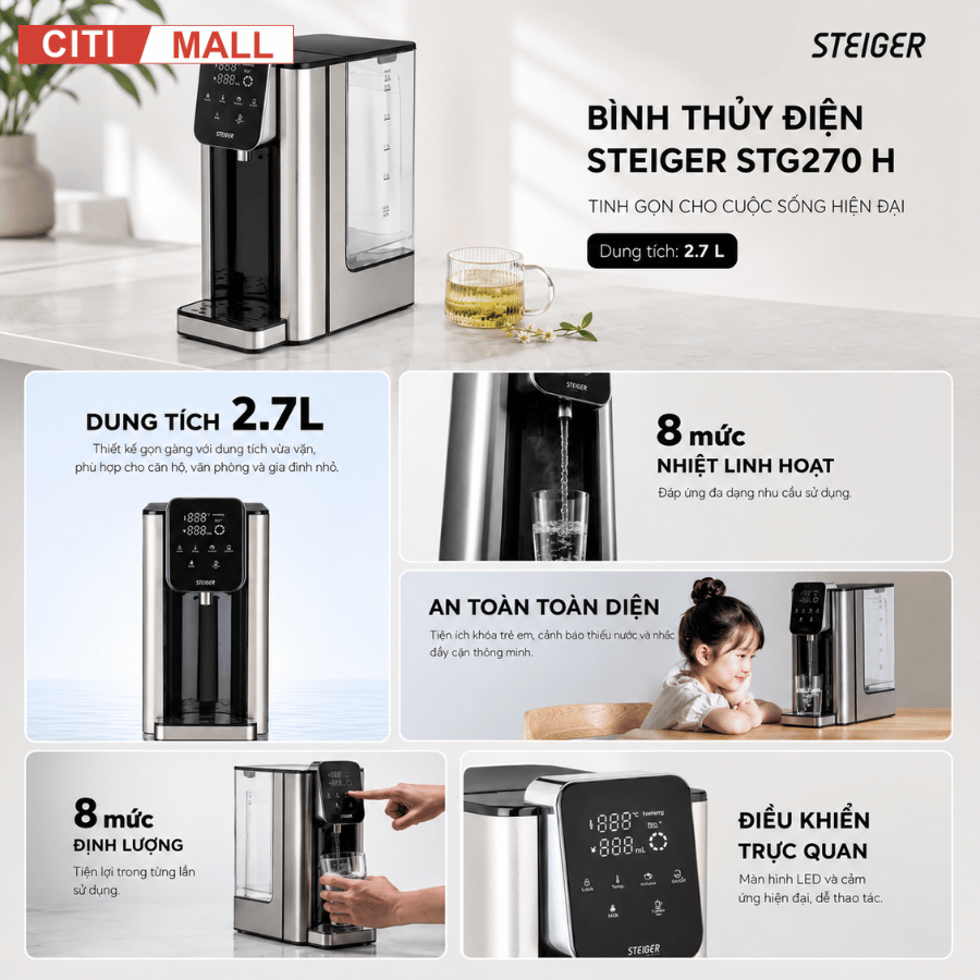 Bình Thủy Điện Steiger STG-270H làm nóng nước có lõi lọc than hoạt tính - Bảo hành chính hãng 12 tháng