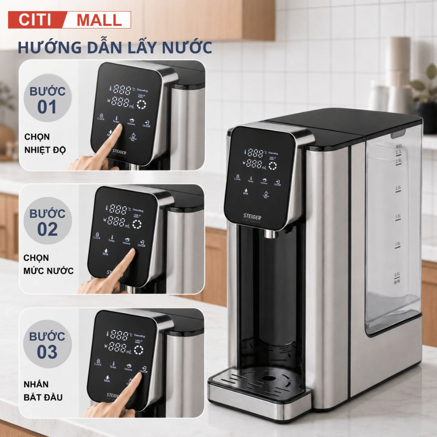 Bình Thủy Điện Steiger STG-270H làm nóng nước có lõi lọc than hoạt tính - Bảo hành chính hãng 12 tháng